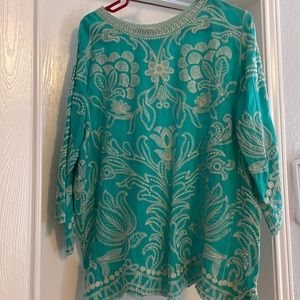 Turquoise cowboy w/ cream embroidery top